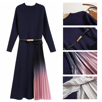 Women Knitted Midi Dress Splicing Pleated Sweater Dress Elegant Warm Slim  Fit | eBay