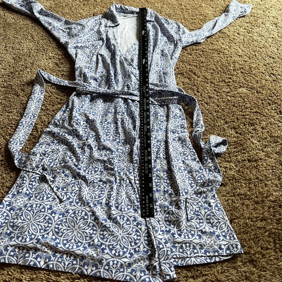 Vestido Pendleton Medallion para mujer azul blanco elástico envolvente bata talla pequeña M Foto 4 de 4