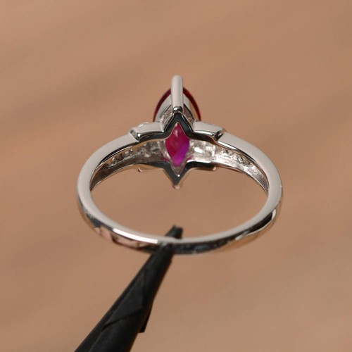 925 Sterling Silver Pink Ruby Ring Lab Created Marquise Gemstone Women Ring - Picture 4 of 5
