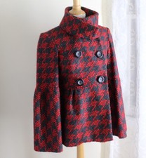 Etcetera -sz 2 Gray-red Rich Funky Woven Houndstooth Tweed Princess Coat Jacket