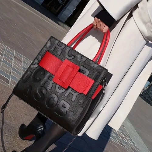 Elegant Genuine Leather Tote Handbag - Letter Embossed Shoulder Satchel Purse - Picture 3 of 8