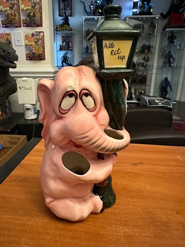 Vintage MCM Elephant Ceramic Art Japan Decor Figure Pink Lit up
