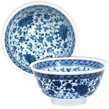 Japanese Rice Soup Bowl 6"D Porcelain Blue White Ajisai Floral Made in Japan