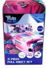 Trolls World Tour 4 Piece Microfiber Full Flat Sheet Set With Pillowcases- New