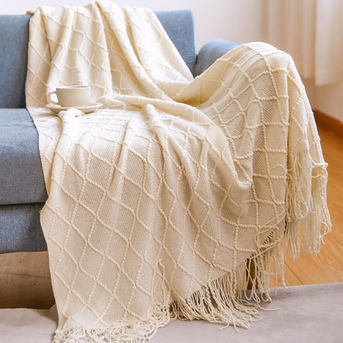 Large Soft Woven Cotton WaffleThrow Sofa Chair Bed Blanket With Tasseled Edging - Picture 13 of 46