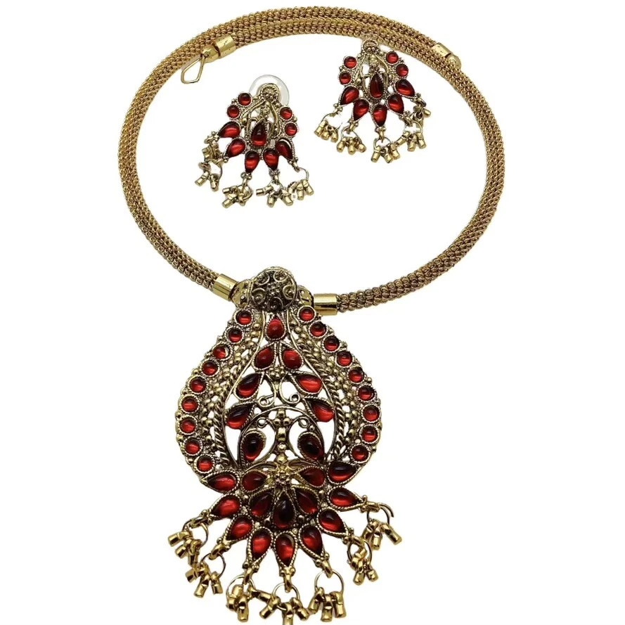 Gargantilla Collar Tono Dorado Pendientes Glam Kundan Conjunto Estrás Rojo Boho Étnico Foto 2 de 4