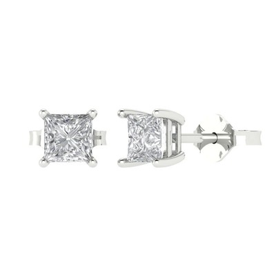 Ausgefallene klare Ohrstecker 2 Karat Prinzessschliff Set Echt 14 Karat Weißgold Push Back