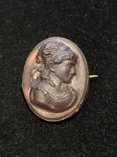 Antique Deco Solid Brass Framed Black Mourning Woman Cameo Brooch Pin RARE
