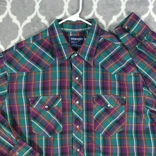 Wrangler Western Shirt Men M Green Purple Plaid Pearl Snap Cowboy Cut Long Tails