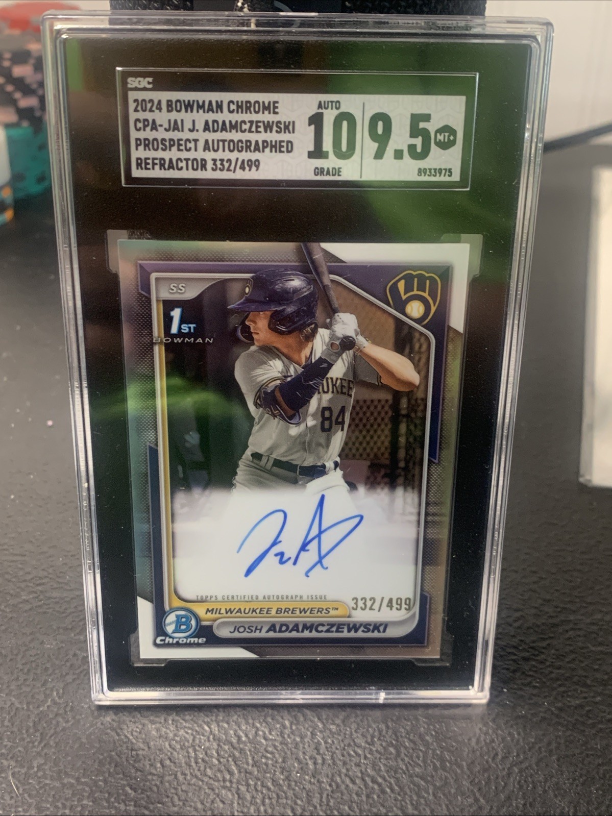 2024 Bowman Chrome Refractor /499 Auto JOSH ADAMCZEWSKI RC SGC 9.5/10 Brewers view 1