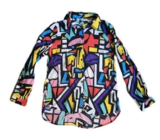 Vintage 90s Big Dart Abstract Geometric Button Up Shirt Colorful Art Print M
