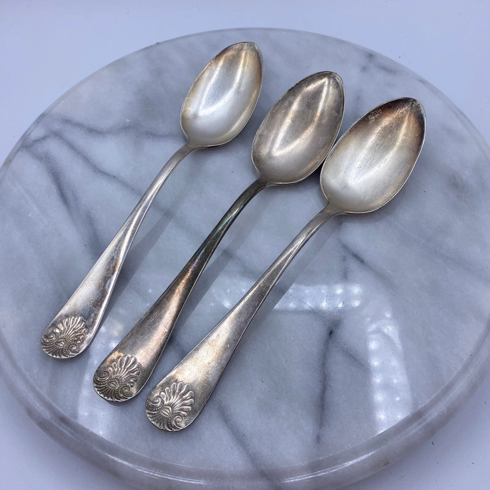 Towle Serving Spoons Silver Good 1889 Patent Shell Set of 3 Antique Farmhouse