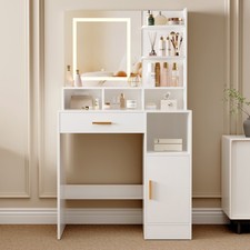 Dressing Table w/Mirror, Drawers, LED Lights, Shelves and Open Compartments