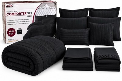 Lux Decor Collection King Black Seersucker 10-Piece Comforter Bedding Set