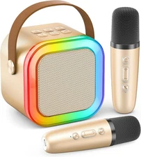 Karaoke Machine for Kids Adults, Portable Bluetooth Mini Karaoke with 2 Mic Gold
