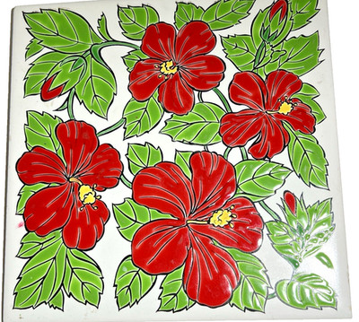 Nassos Keramik Handmade Ceramic Tile Hand Made in Greece Hibiscus Pattern