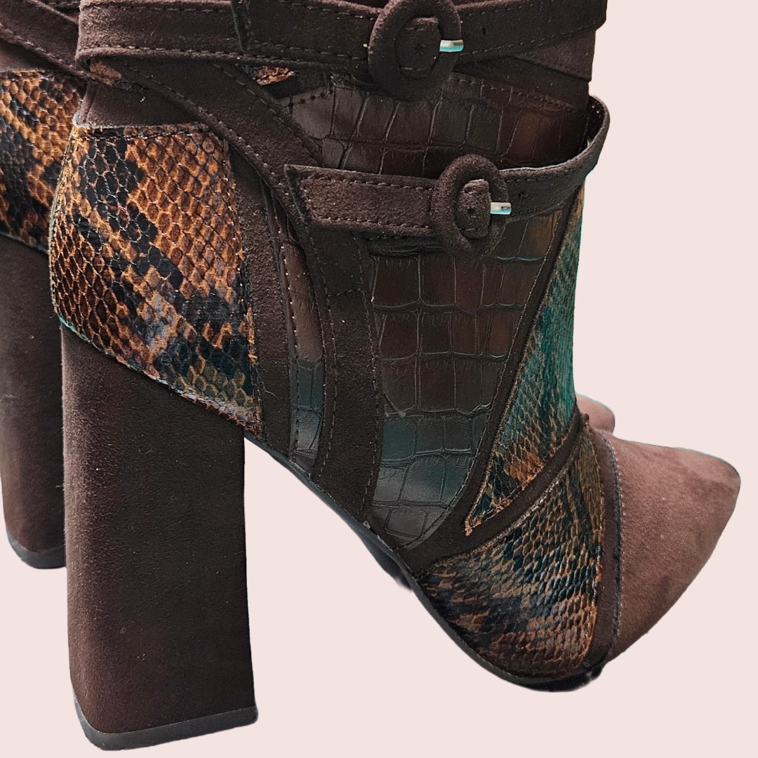 JUST FAB Adler Patchwork Heeled Bootie Brown Snak… - image 2