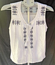 Lucky Brand Womens Sleeveless Boho Peasant Top White Embroidered Crochet Size S