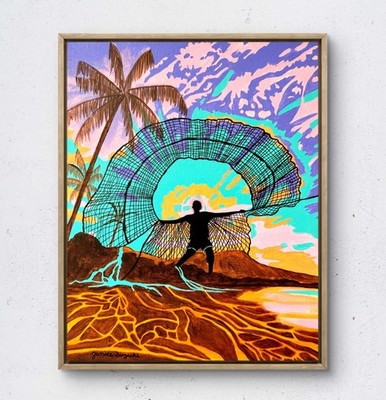 JANICEART 14x11 Original Hawaii Sunset Fisherman Net Abstract Signed Wall Art