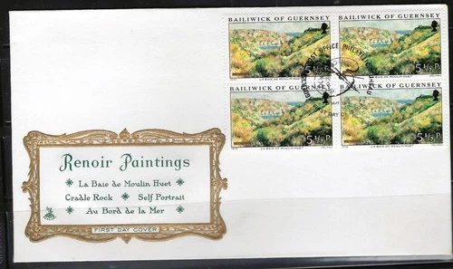 1¢ WONDER'S ~ RENOIR PAINTINGS MOULIN HUET TOPICAL GUERNSEY BLK4 FDC 1974 ~F20