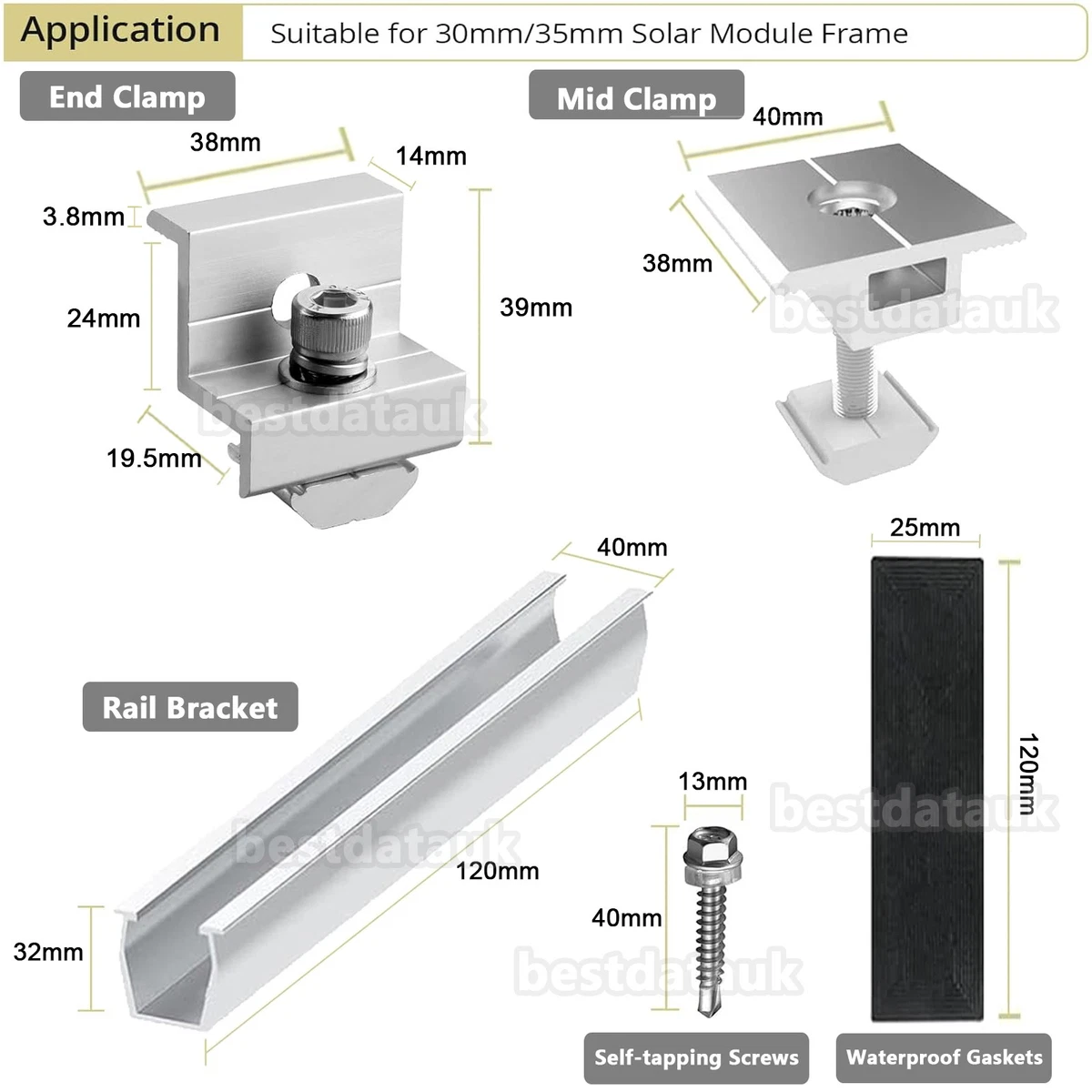 1-10x 30mm/35mm Solar Panel Rail Bracket Mounting Aluminium Fixing End/Mid Clamp