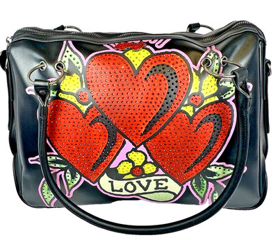 Ed Hardy Love Heart Rhinestone Handbag Black Tattoo Style Shoulder Bag 