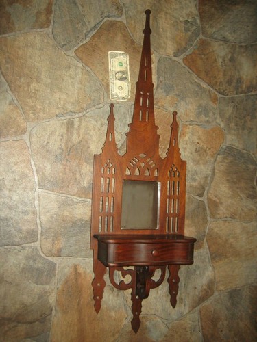 Antikes Holz Kathedrale Spiegel gotischer Turm Halle Regal & Handschuh Schublade 40 Zoll hoch
