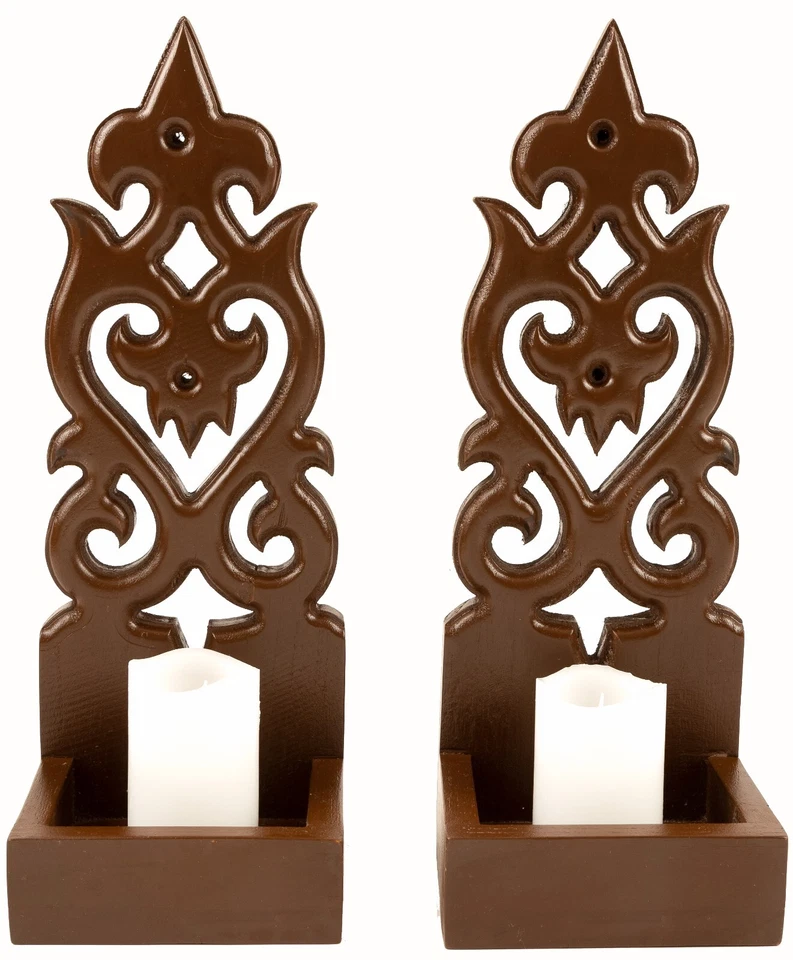 Wall Sconce Candle Plant Holder Waterdrop Carved Teak Wood Wall Mounted Set of2 - Image 2 of 4