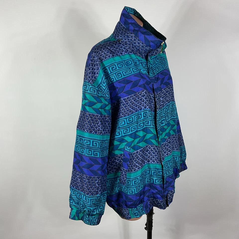 Chaqueta de bombardero vintage años 90 FUDA International púrpura verde azulado 100 % seda cremallera 1X AOP Foto 2 de 4