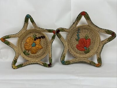 Pair VTG Woven Nesting Baskets Star Kitsch Straw Raffia Flowers Retro 12''