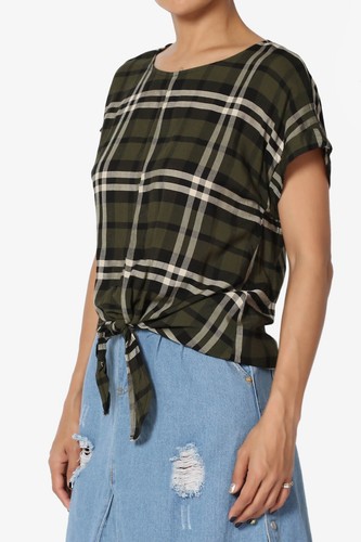 TheMogan Petite Plaid Print Button Back Tie Waist Rolled Short Sleeve Crop Top - Picture 11 of 14