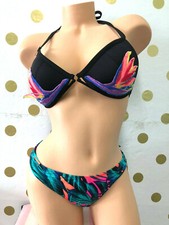 Victoria's Secret Pink Push Up Black Halter Applique Floral Bikini Swim 2 PC Set