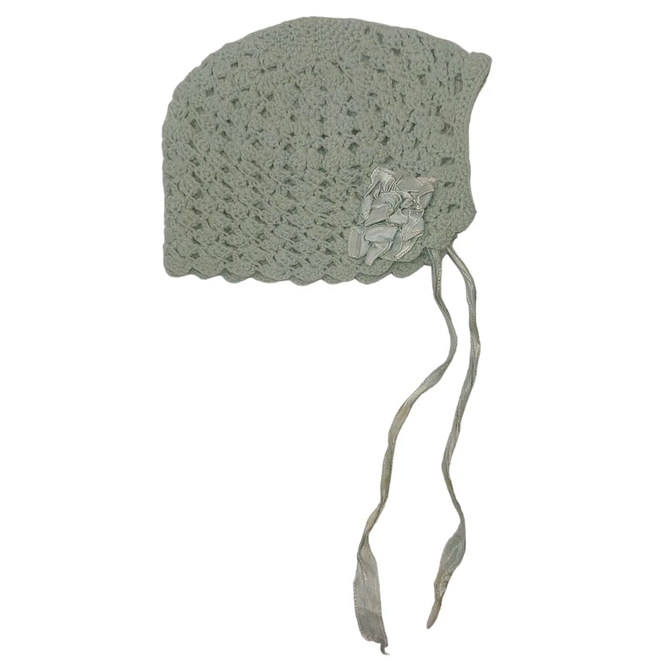 Handknit Baby Hat Blue Satin Ribbon Bows Tie Newborn Small Scalloped Antique - Image 3 of 4