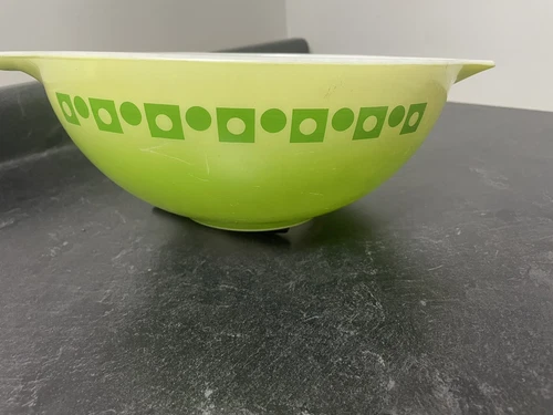 Vtg Pyrex Cinderella Mixing Bowl MCM Green Dots & Squares 444,  4 Quart Opalware