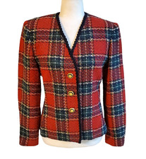 Vintage Kasper ASL Red Green Plaid Wool blend Blazer Gold buttons Size 6