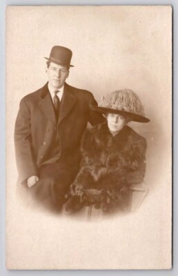 RPPC Elegant Edwardian Woman Large Hat With Dapper Man Photo Postcard G37