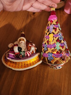 Two Radko Ornaments Sleighful Santa on Sleigh And Gingerbread Christmas Tree