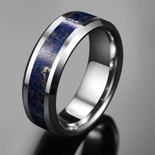8mm Lapis Lazuli Inlay Mens Ring Beveled Edge Tungsten Wedding Band for Him 7-12