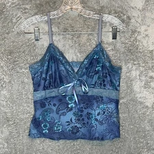 Romwe Women Y2K Fairy Grunge Milkmaid Babydoll Floral Lace Cropped Blue Tank L