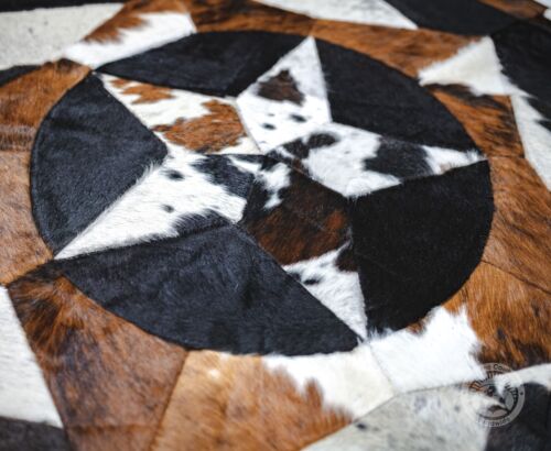 Real Cowhide Round Rug Tricolor Multi Star 80" - Picture 2 of 6