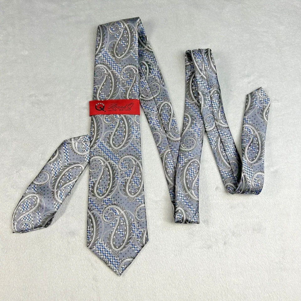 MARCA Q ETIQUETA ROJA Juego de Corbata para Hombres con Bolsillo Cuadrado Paisley Gris y Azul Nuevo con Etiquetas Foto 2 de 4