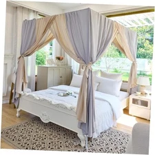 AIKASY Canopy Bed Curtains with Top Ties - Elegant Soft Drapes, Full Gray/Khaki