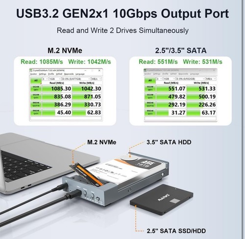Dual Bay Enclosure for M.2 NVMe and 2.5 3.5 Inch SATA SSD/HDD with Offline Clone - Afbeelding 4 van 14