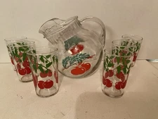 Vintage 1950s Anchor Hocking Ball Tilt Pitcher Ribbed Handle Rim 4 tumblers