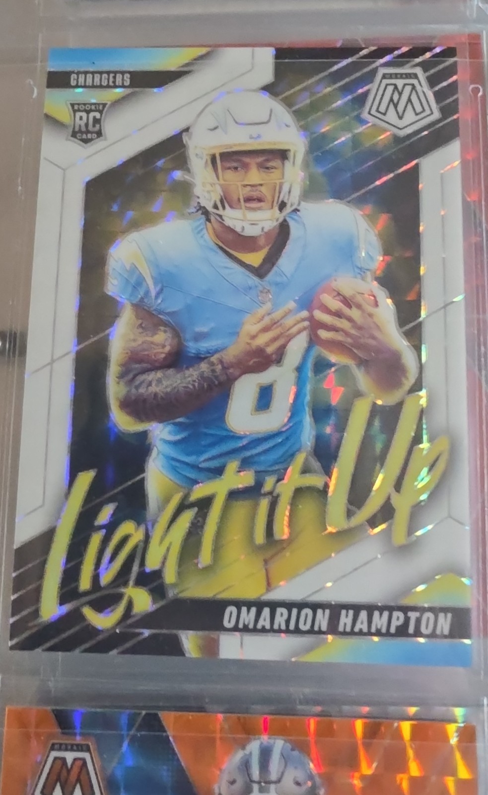 2025 Panini Mosaic - Light It Up Mosaic Omarion Hampton #12 White Prizm /25 (RC)
