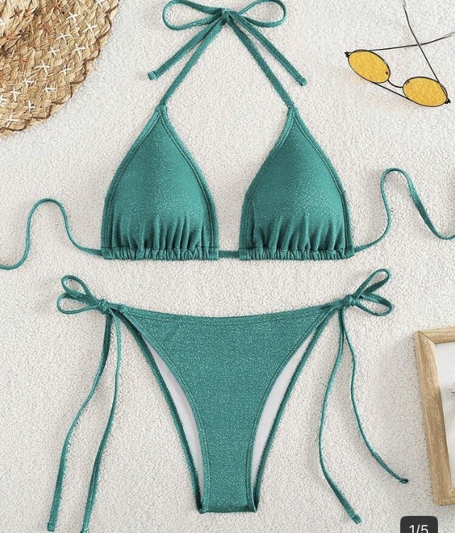 NWT New Womens Teal Blue Green Shimmer Triangle String Tie Bikini Sz Medium