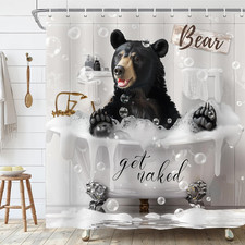 Funny Bear Shower Curtain, Farmhouse Rustic Country Black Wild Animal Bathing