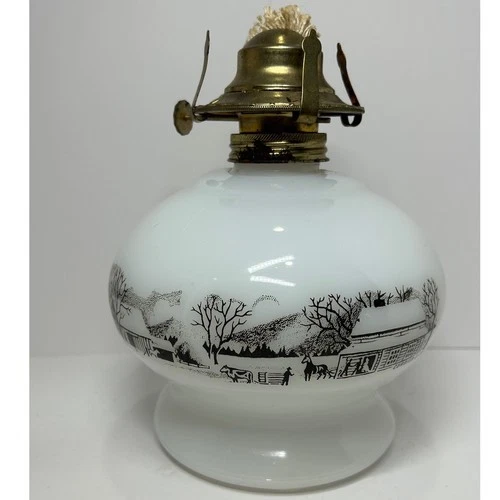 Vintage Currier & Ives Milk Glass Oil Lamp Farm Scene Brass Burner
