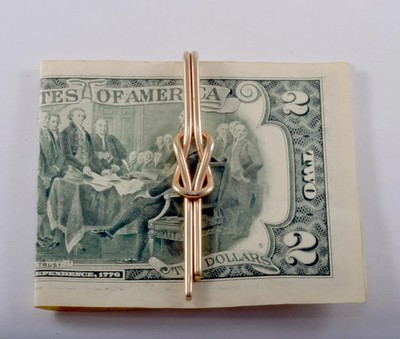 14K Yellow Gold Over Fancy Knot Thin Polished Wire Uneven End Money Clip Unisex