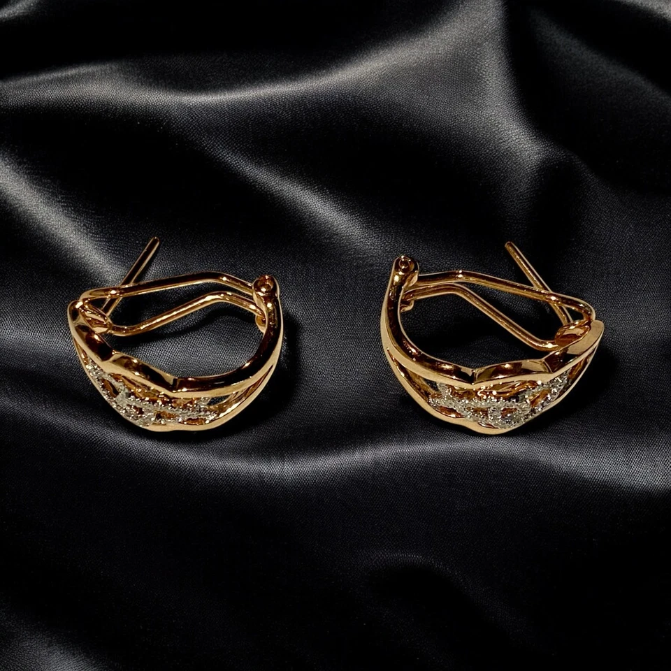 Deslumbrantes brincos de ouro rosa 14k com diamante estilo ômega atrás joias finas - Imagem 3 de 4